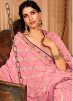 Chiffon Lace Contemporary Style Saree in Pink