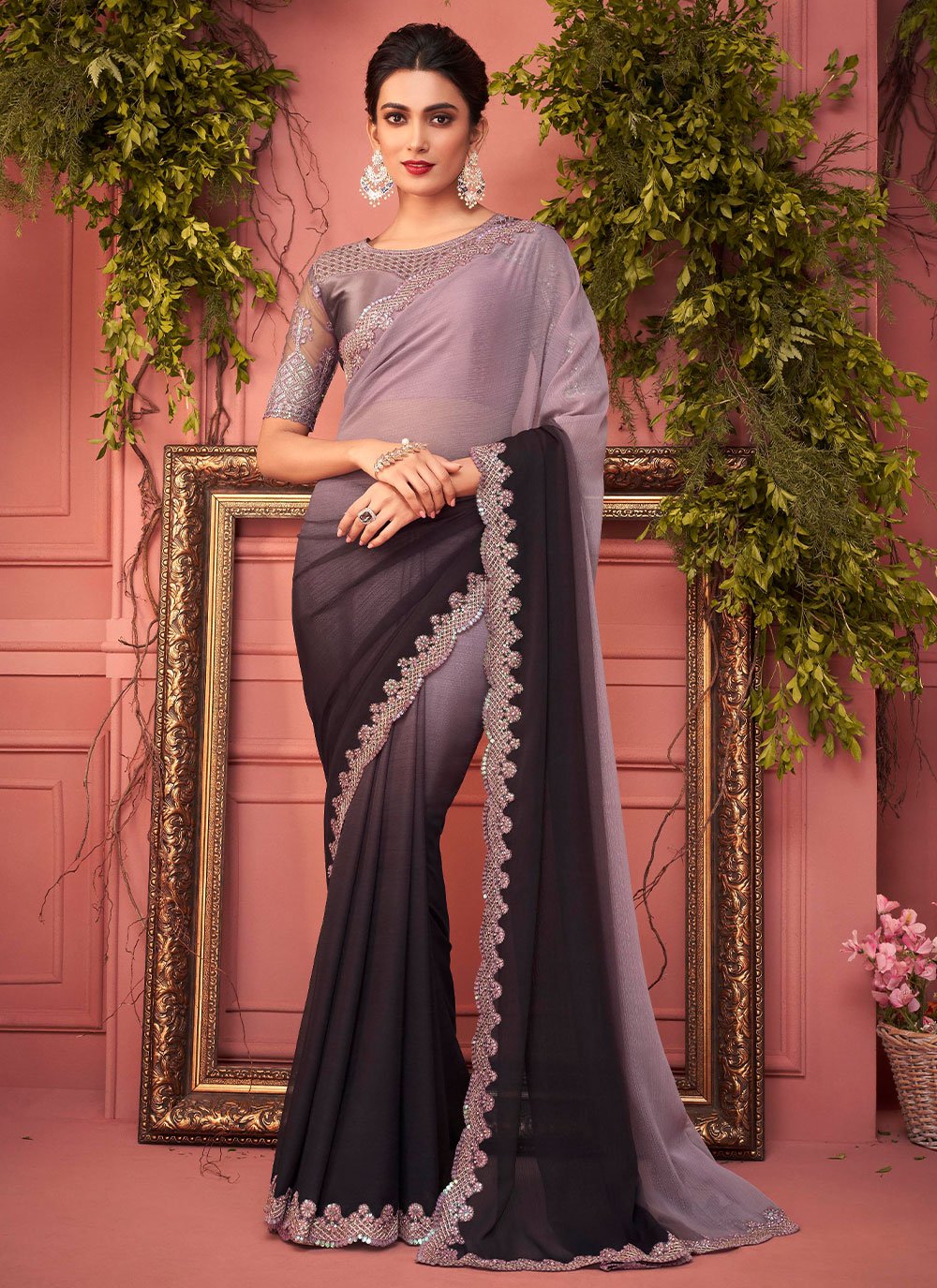 Purchase Purple Chiffon Border Designer Saree Online : USA -