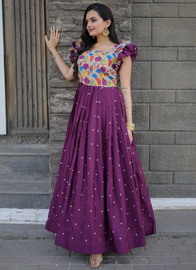 Chinon Embroidered Readymade Gown in Purple