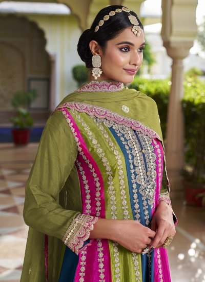 Chinon Embroidered Salwar Suit in Green