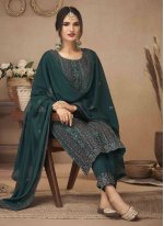 Chinon Embroidered Straight Salwar Kameez in Teal