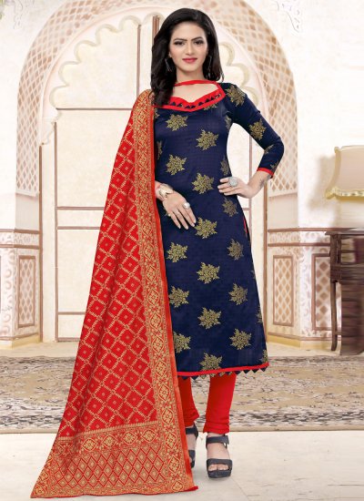 Churidar Salwar Suit Weaving Banarasi Silk in Navy Blue