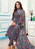 Churidar Suit Embroidered Chanderi Cotton in Grey