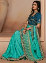 Classic Designer Saree Patch Border Faux Crepe in Turquoise