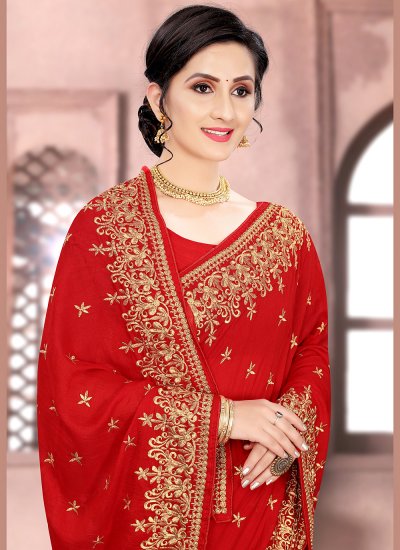 Classic Designer Saree Patch Border Vichitra Silk in Red