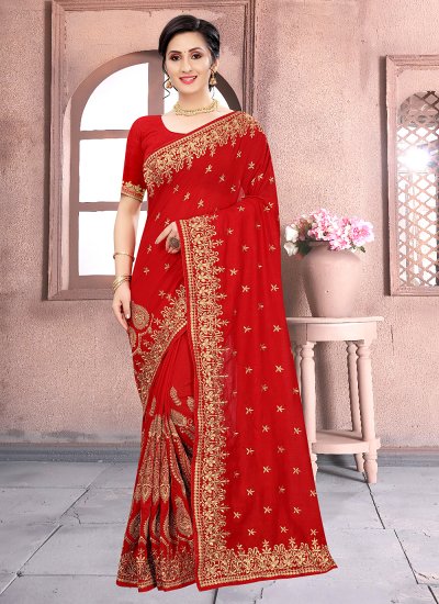 Classic Designer Saree Patch Border Vichitra Silk in Red