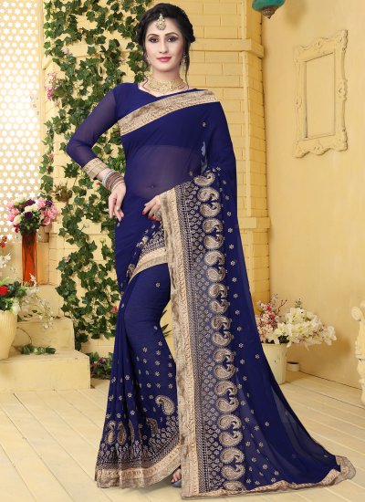Classic Saree Embroidered Georgette in Navy Blue