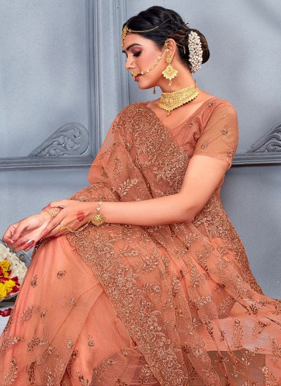 Classic Saree Embroidered Net in Peach