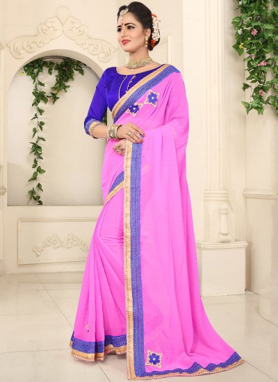 Classic Saree Patch Border Faux Chiffon in Pink