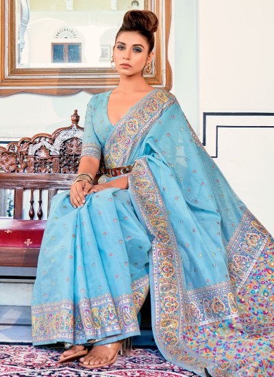 Classic Saree Weaving Satin Silk in Aqua Blue