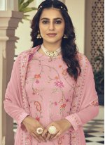 Classical Embroidered Faux Georgette Pink Pant Style Suit