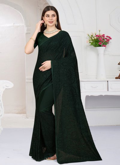 Classical Georgette Embroidered Green Designer Saree