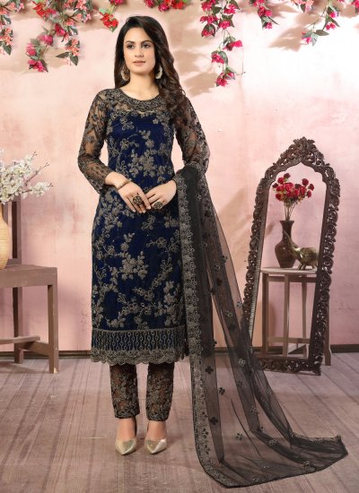 Classy Black and Blue Net Pant Style Suit