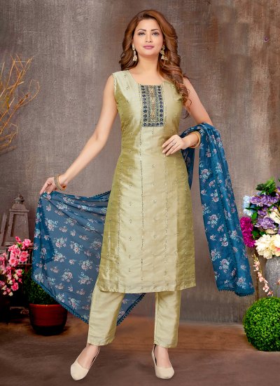 Classy Chanderi Sea Green Embroidered Pant Style Suit