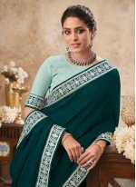 Classy Chinon Embroidered Teal and Turquoise Shaded Saree