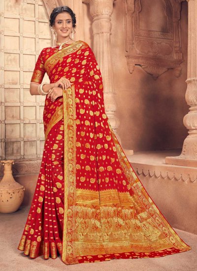 Classy Faux Chiffon Red Traditional Designer Saree