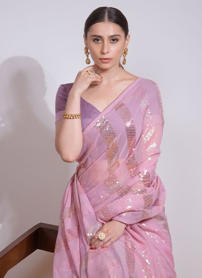 Classy Georgette Pink Embroidered Contemporary Saree