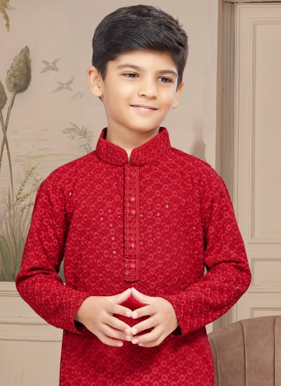 Classy Lucknowi Red Mirror Work Kurta Pyjama