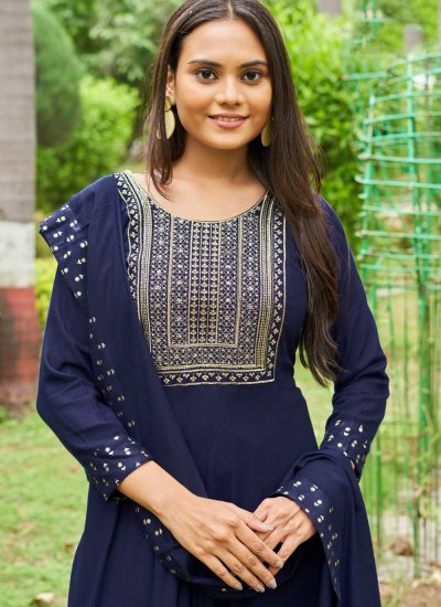 Classy Rayon Embroidered Navy Blue Gown 