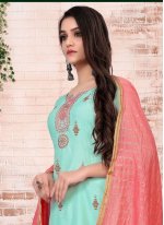 Classy Turquoise Embroidered Pant Style Suit