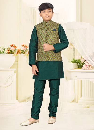 Compelling Digital Print Work Green and Multi Colour Jute Kurta Payjama With Jacket