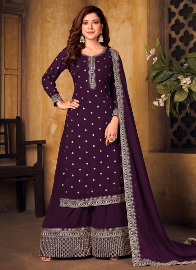 
                            Compelling Embroidered Faux Georgette Purple Designer Palazzo Salwar Suit