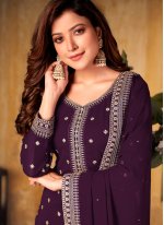 Compelling Embroidered Faux Georgette Purple Designer Palazzo Salwar Suit