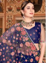 Compelling Embroidered Net Navy Blue Classic Saree
