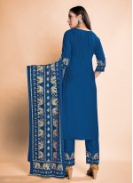 Compelling Foil Print Rayon Blue Pant Style Suit