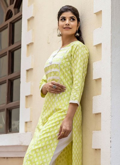Compelling Green Buttons Cotton Party Wear Kurti