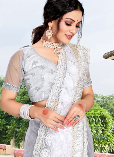Compelling Net Embroidered Classic Saree