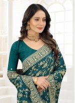 Compelling Satin Silk Teal Embroidered Traditional Saree