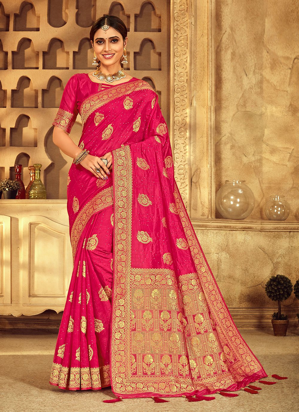 Buy Spangel Fashion Pink Jhumki Pattern Round Neck Women's Saree's