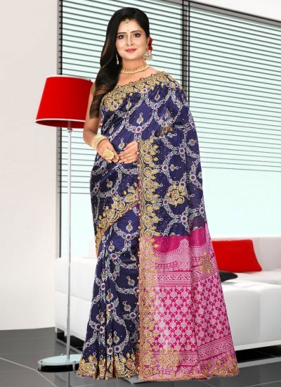 Competent Navy Blue Contemporary Style Saree