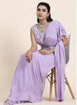 Competent Ruffle Chiffon Lavender Designer Saree