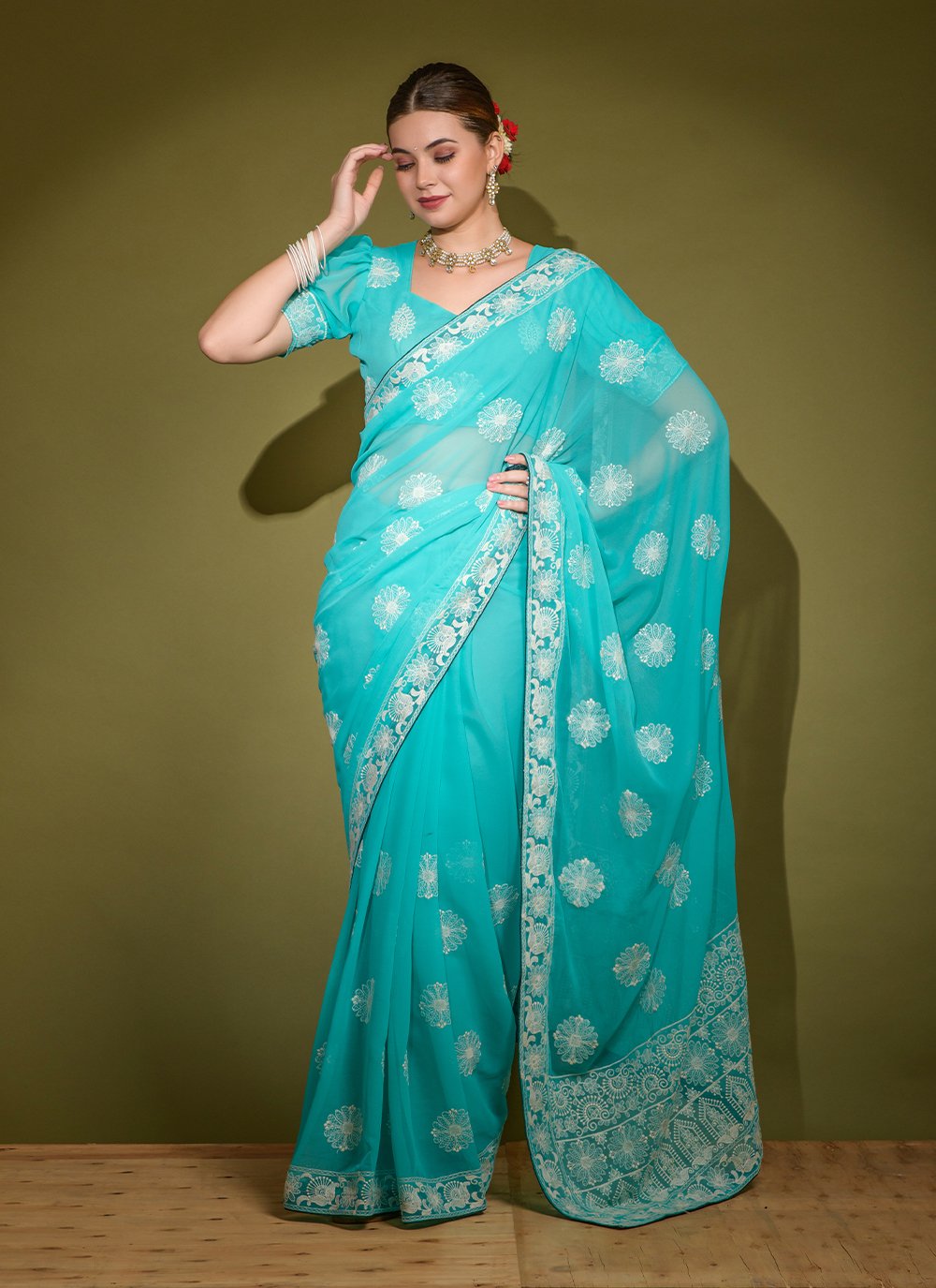 Aqua Blue Woven Banarasi Designer Silk Saree – Zari Banaras