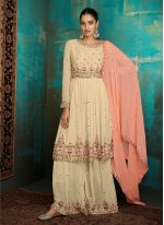 Congenial Embroidered Faux Georgette Cream Designer Palazzo Suit