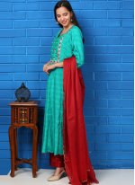 Congenial Embroidered Sea Green Silk Readymade Suit