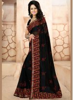 Congenial Faux Georgette Black Embroidered Classic Saree