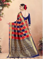 Congenial Weaving Navy Blue and Red Art Banarasi Silk Trendy Saree