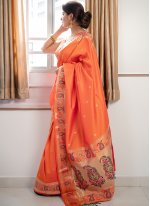 Conspicuous Banarasi Silk Orange Traditional Designer Saree
