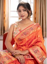 Conspicuous Banarasi Silk Orange Traditional Designer Saree
