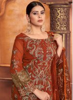 Conspicuous Faux Georgette Rust Embroidered Designer Straight Salwar Suit