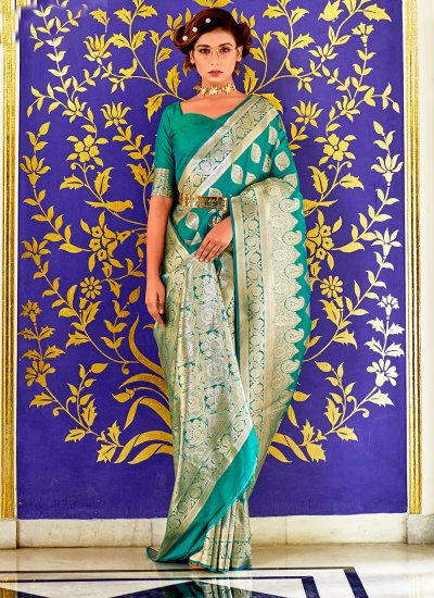 Conspicuous Lace Banarasi Silk Sea Green Classic Saree