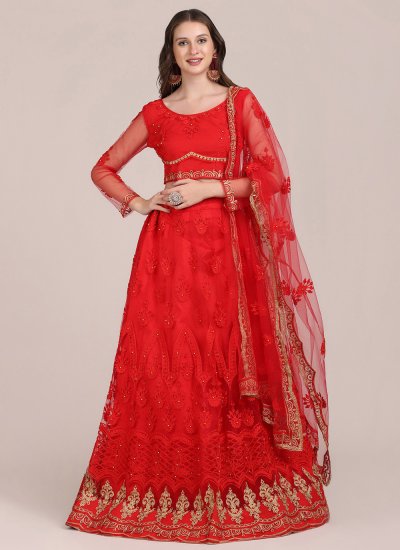 Conspicuous Net Red Embroidered Designer Lehenga Choli