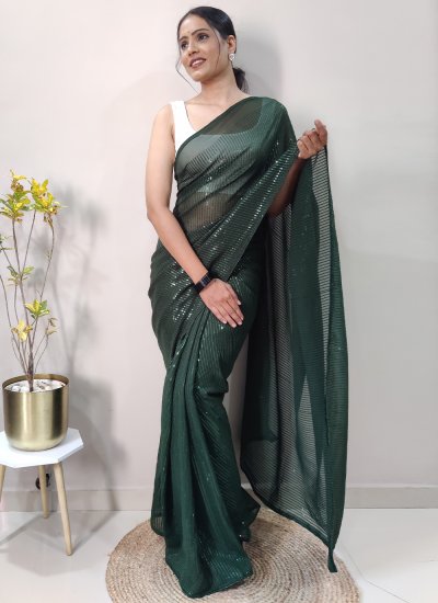 Conspicuous Sequins Green Georgette Trendy Saree