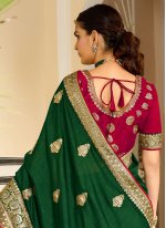 Conspicuous Vichitra Silk Embroidered Green Trendy Saree