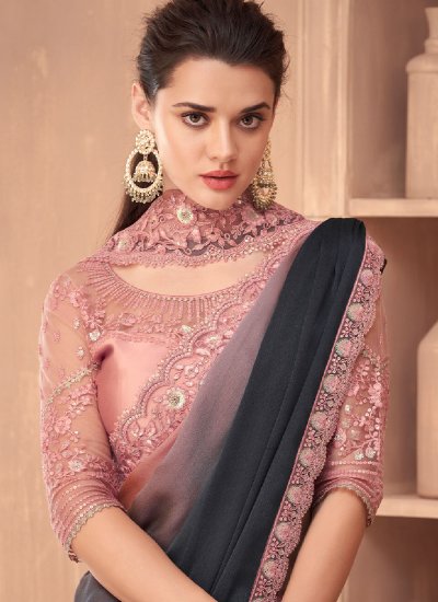 
                            Contemporary Saree Border Silk in Black and Rose Pink