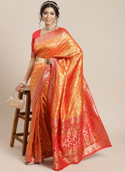 Contemporary Saree Embroidered Banarasi Silk in Orange