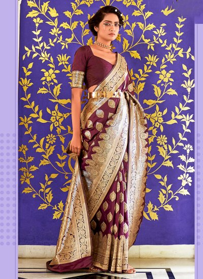 Contemporary Saree Lace Banarasi Silk in Brown